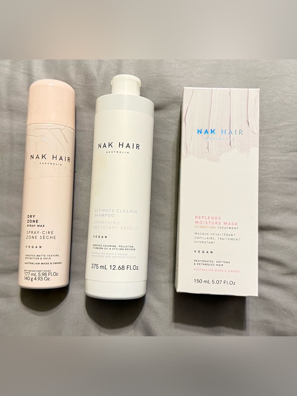 NAK HAIR AUSTRALIA- Moisture Mask, Ultimate Cleanse Shampoo, Dry Zone Spray Wax